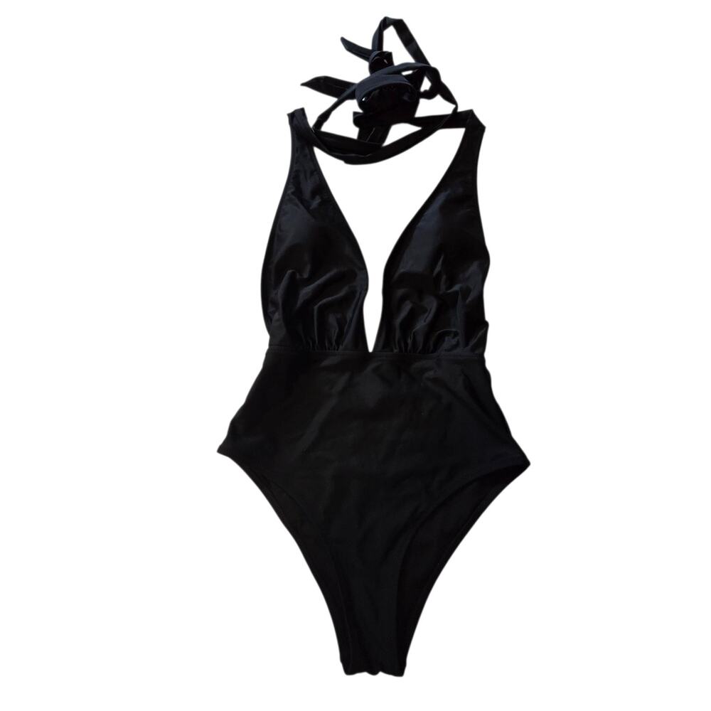 Cupshe NEW One Piece Swimsuit Womens SM Black Deep V Neck Tie Bathing Suit Swim
